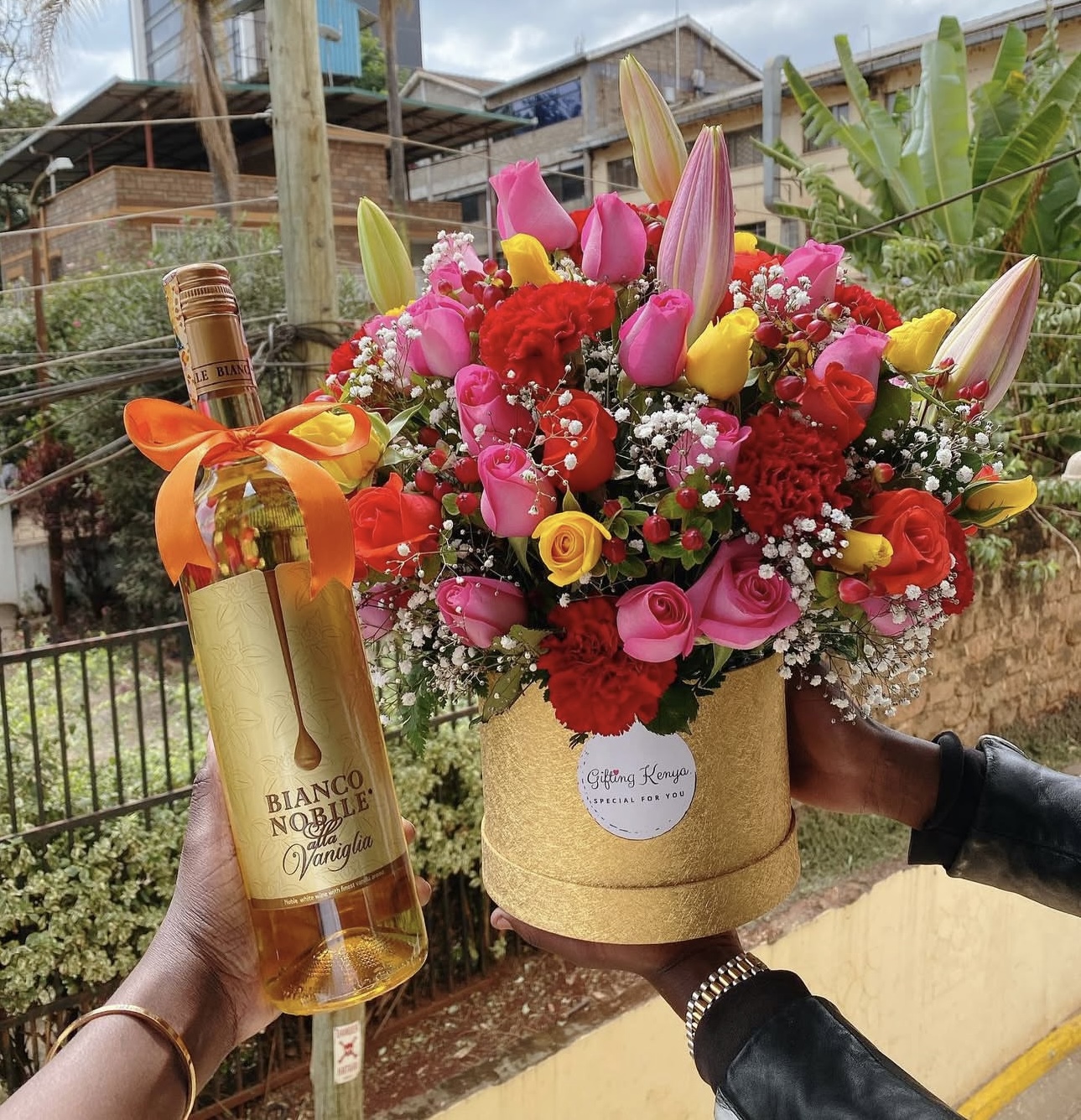 flower hat box with white wine celebration