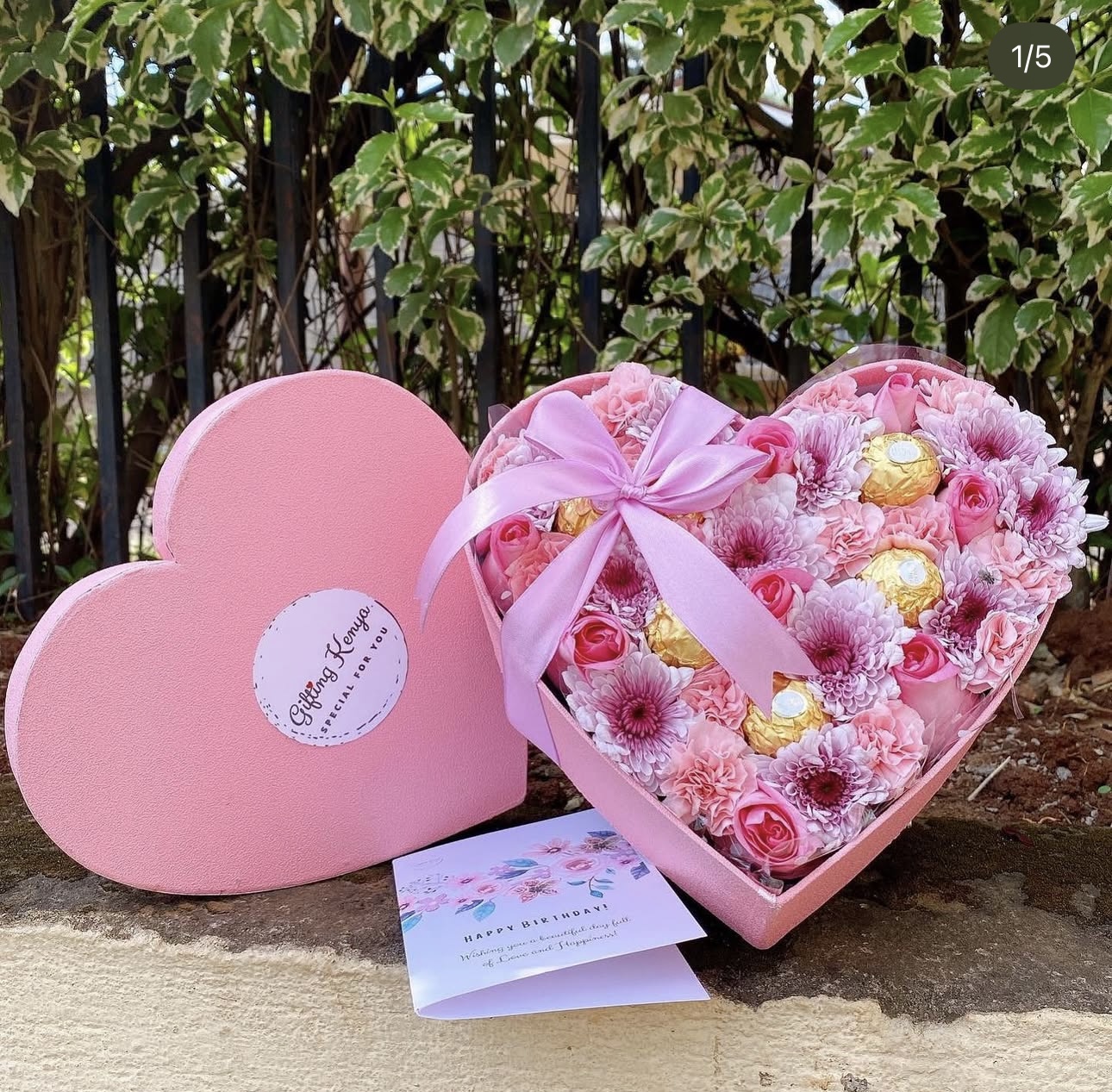 Pink Heart Flower Box with Ferrero Chocolates